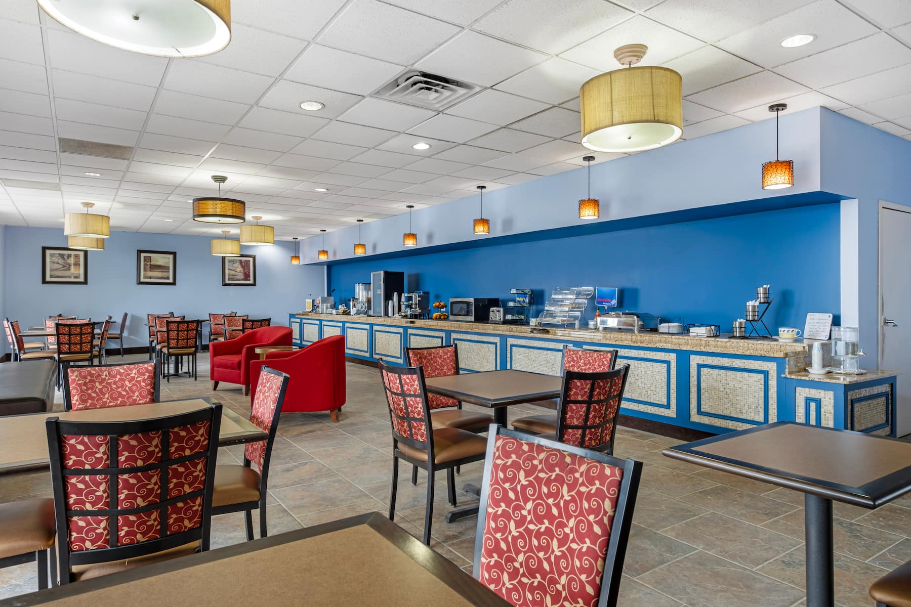 Hotel breakfast dining area and buffet counter