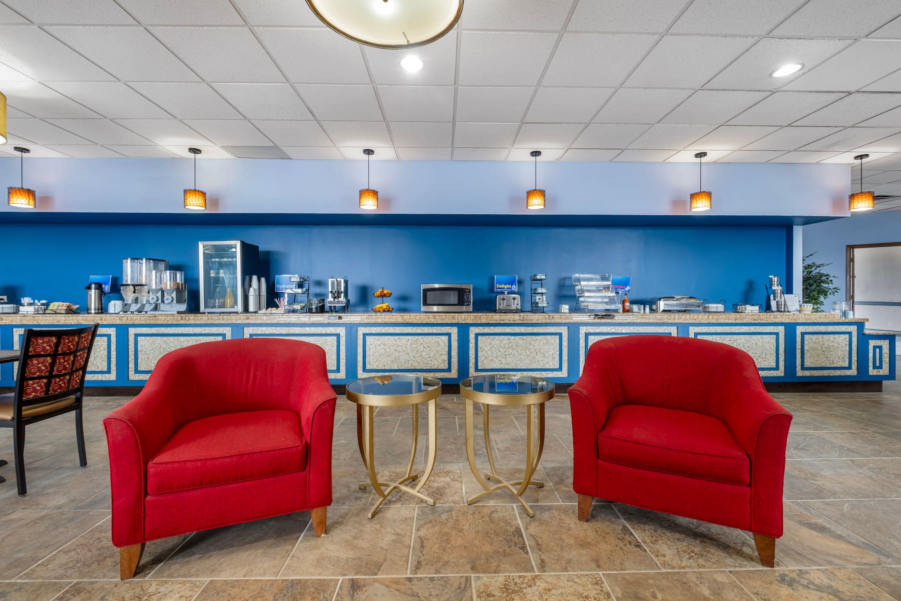 Breakfast dining area and buffet counter
