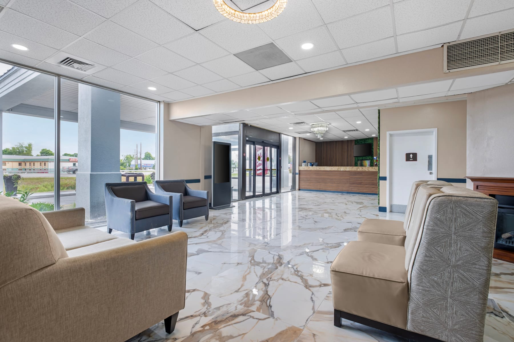 Bright hotel lobby and front desk